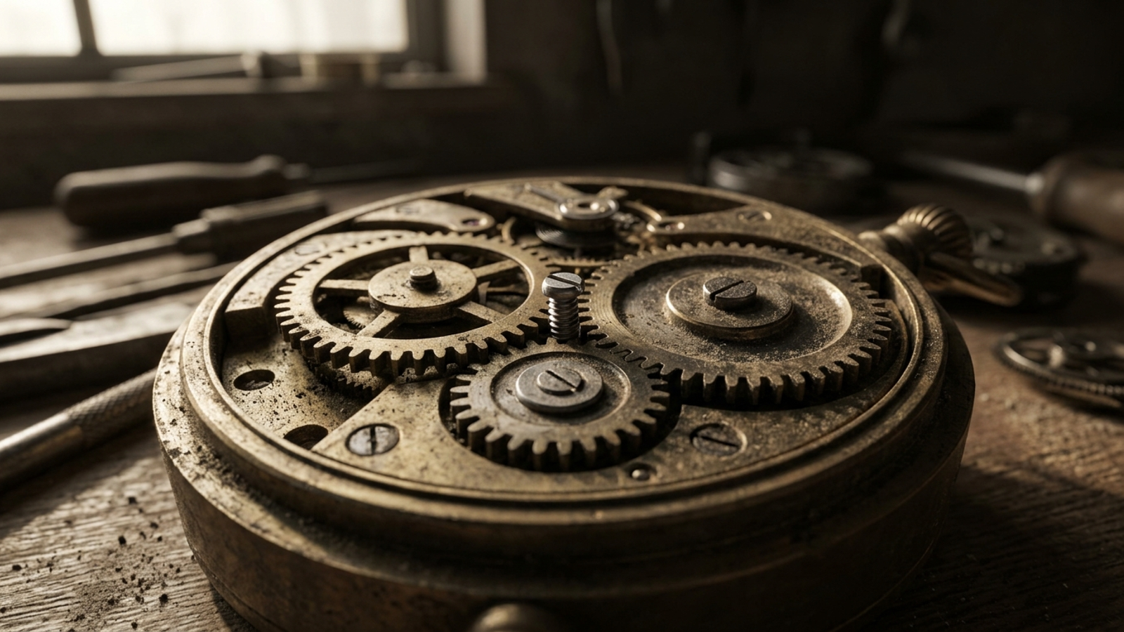 Close-up of dust-covered brass clockwork gears with a dropped screw.