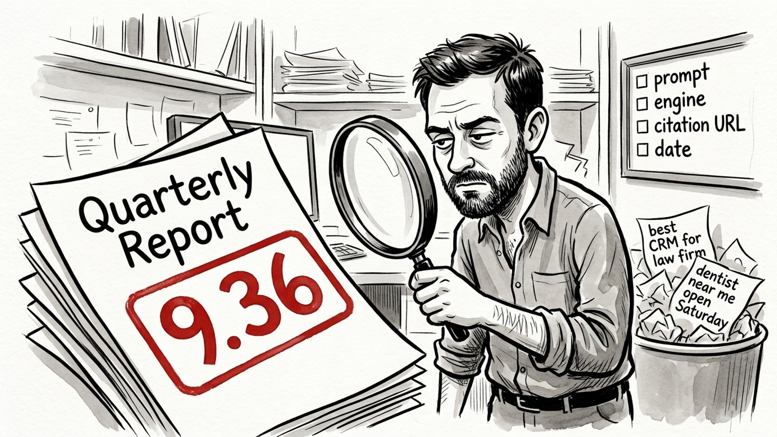 Ink cartoon of a marketer studying a 9.36 score while buyer questions fall into a bin